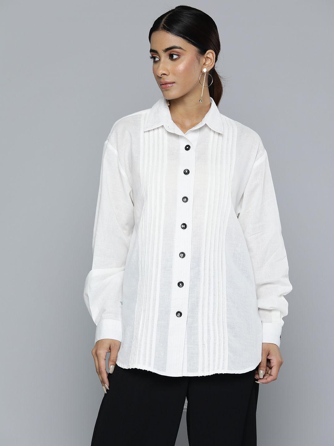 scoup women solid pleated casual shirt