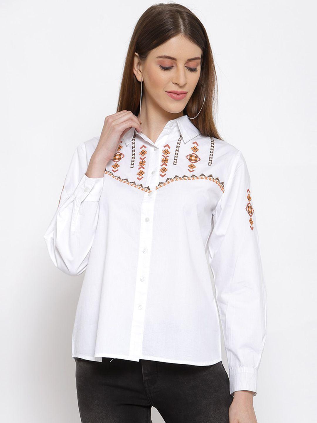 scoup women white embroidered cotton casual shirt