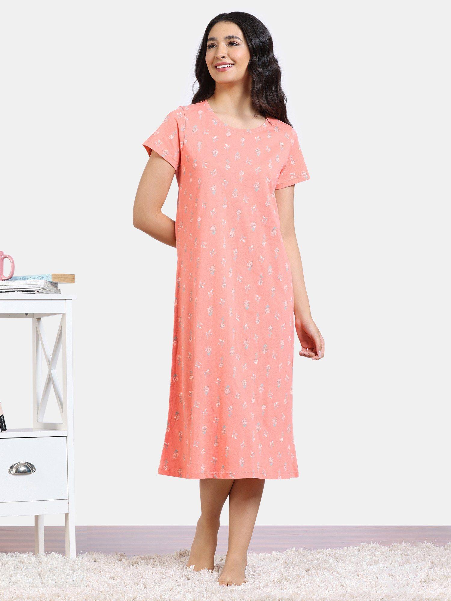 scribbled meadows knit cotton mid length nightdress - desert flower