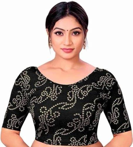 scube designs round neck jacquard bandhani cotton lycra stretchable elbow sleeve readymade saree blouse for women stylish_(black)