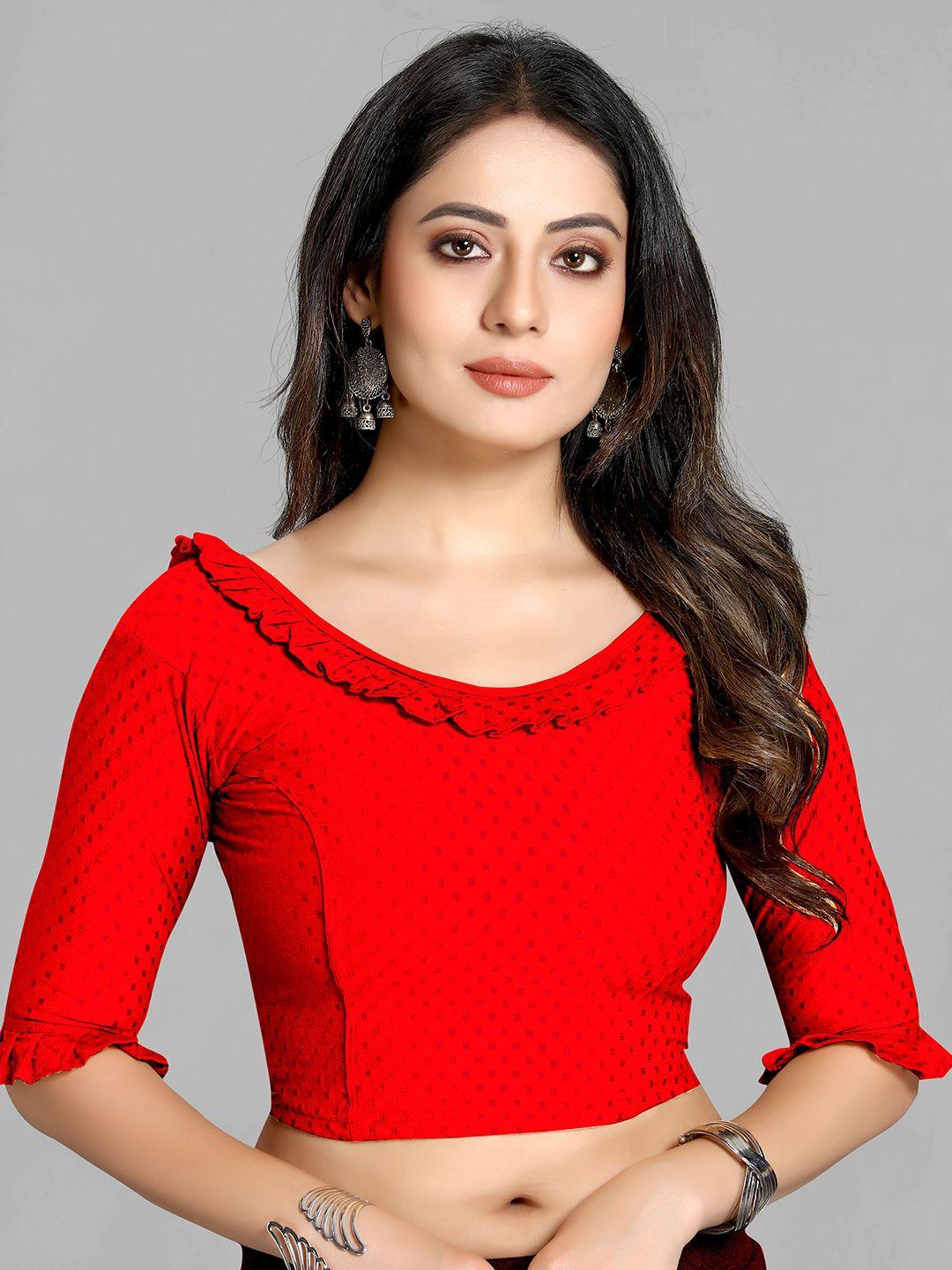 scube designs woven-design round neck short sleeves ruffled saree blouse