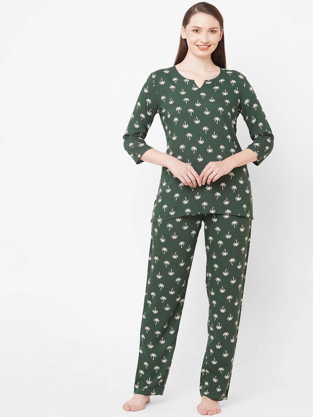 sdl by sweet dreams women green & white printed night suit