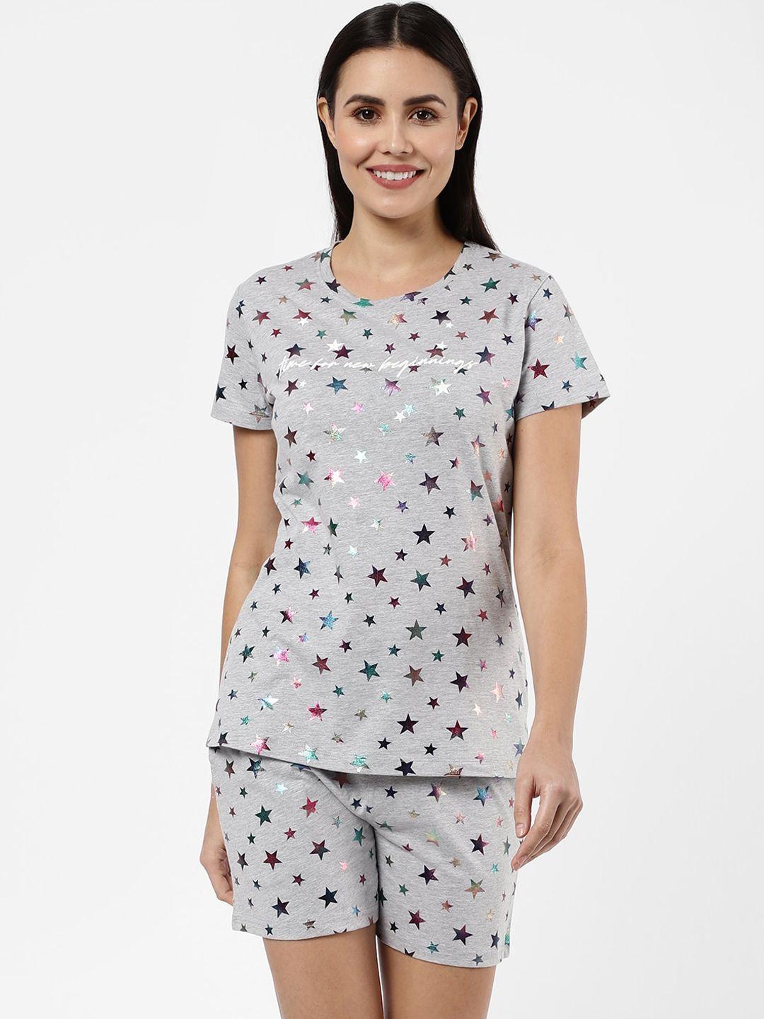 sdl by sweet dreams women grey & pink printed pure cotton night suit