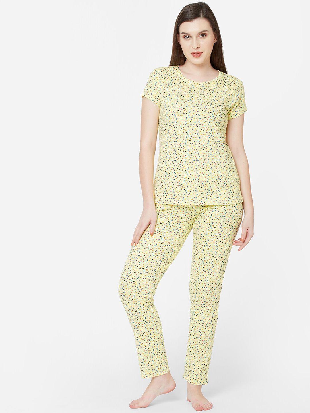 sdl by sweet dreams women yellow & blue printed pure cotton night suit