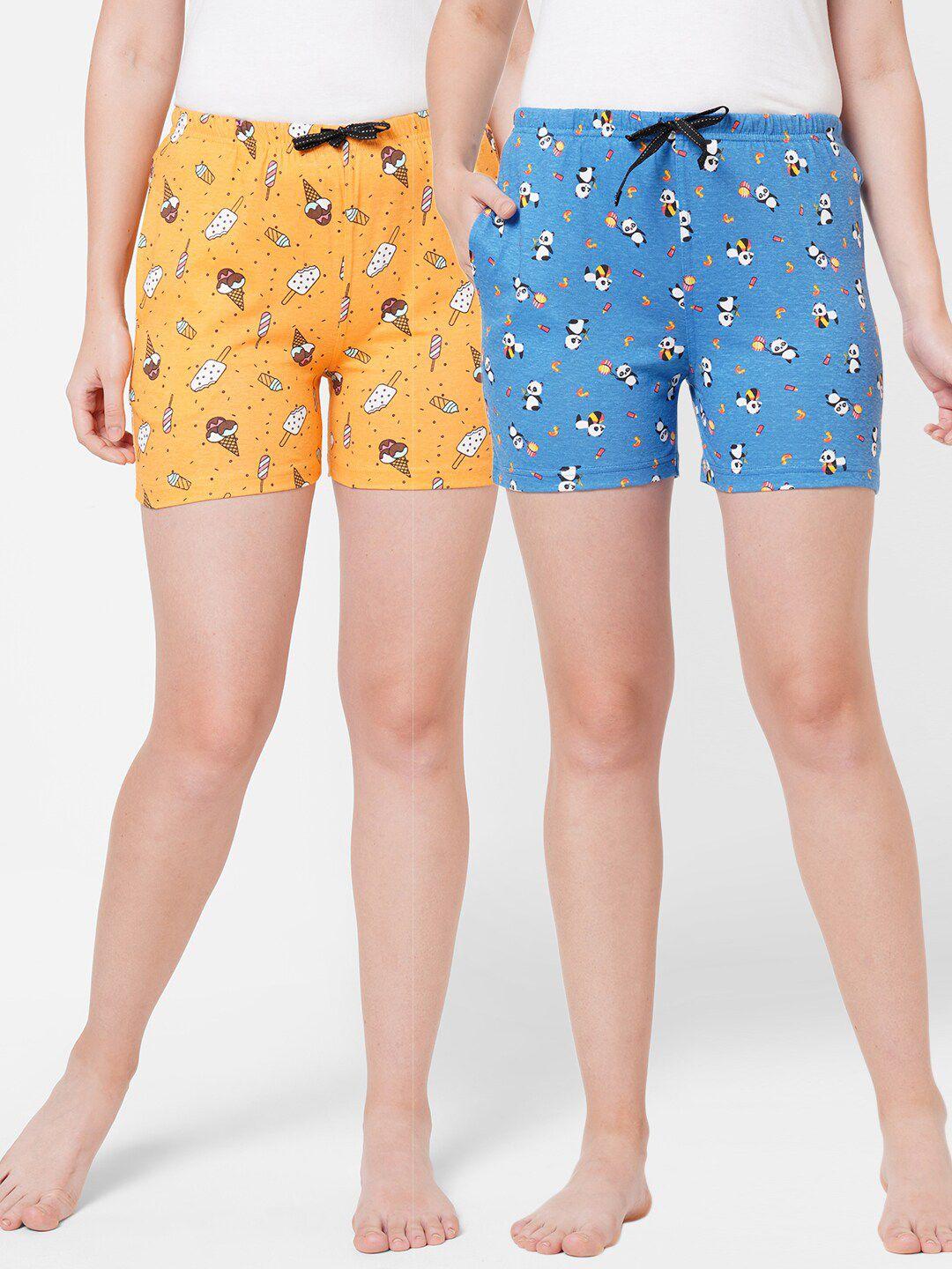 sdl by sweet dreams women yellow & blue pack of 2 conversational printed lounge shorts