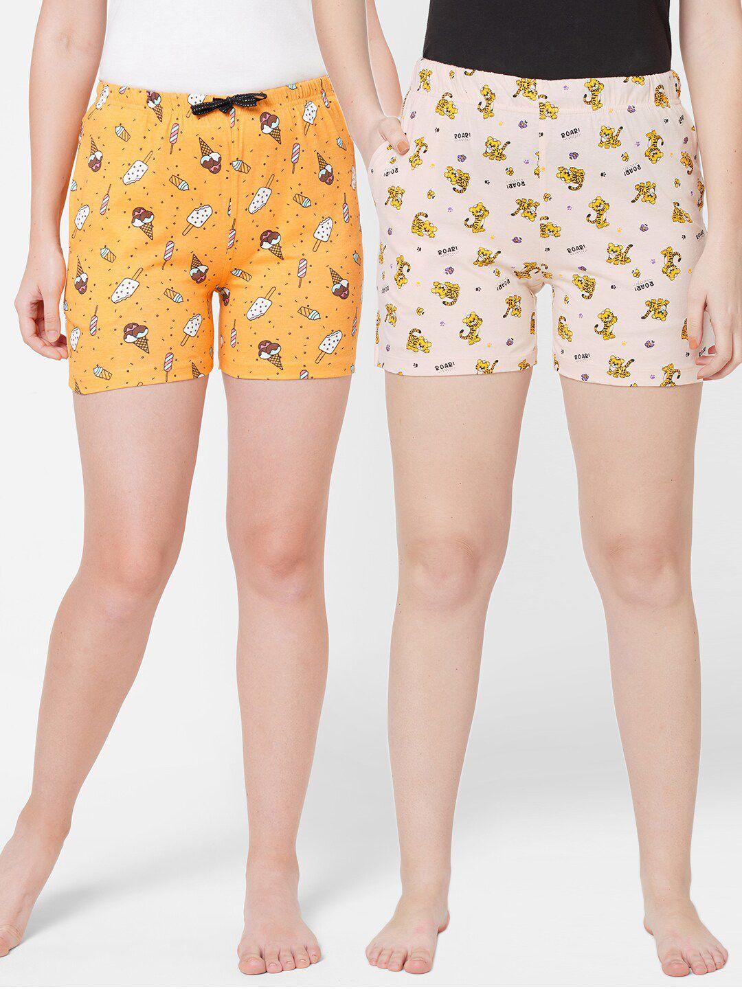 sdl by sweet dreams women yellow & peach-coloured 2 printed lounge shorts