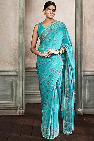 sea blue motifs printed saree set