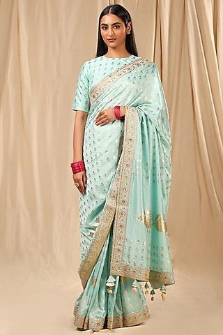 sea blue raw silk embellished saree set