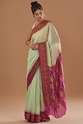 sea green & magenta chiffon banarasi handloom zari embroidered striped saree set