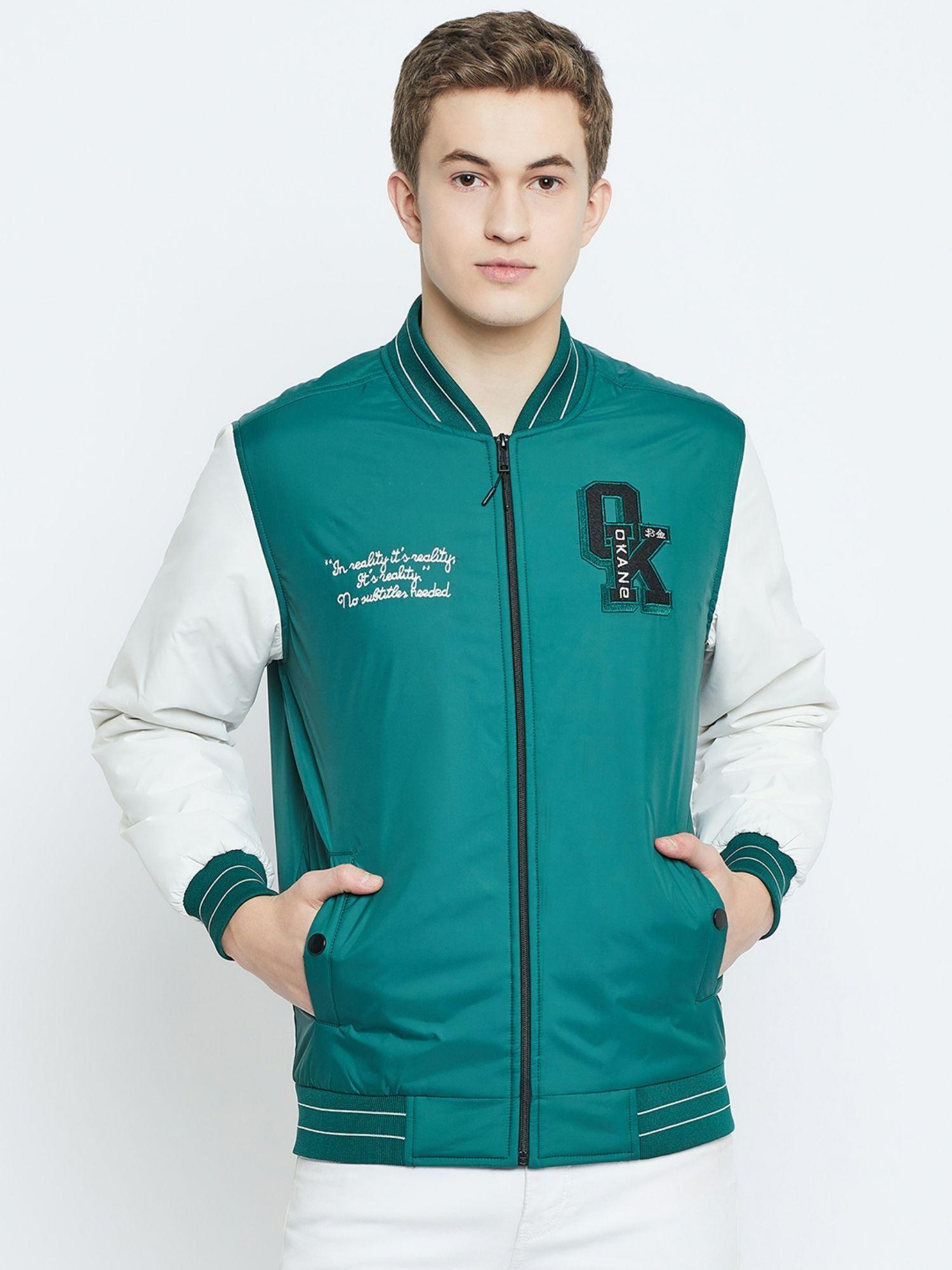 sea green & white colorblock polyester bomber jacket