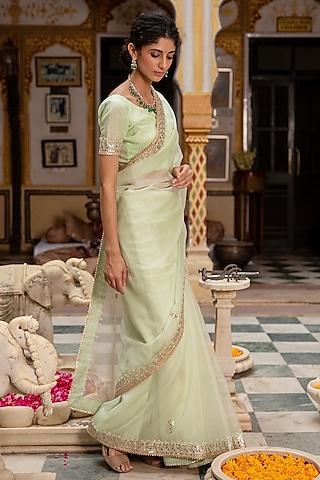 sea green handcrafted embroidered saree set