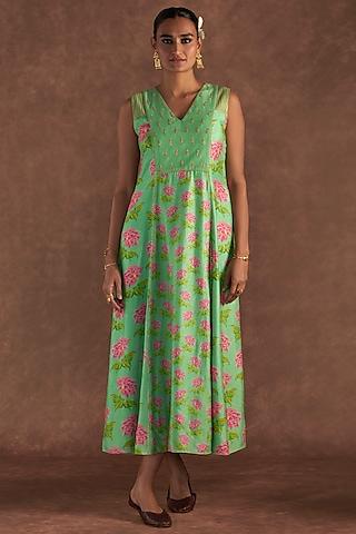 sea green raw silk digital printed a-line kurta dress