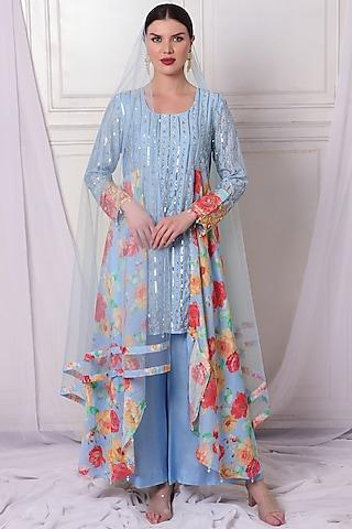 sea blue chanderi printed & embroidered tunic set