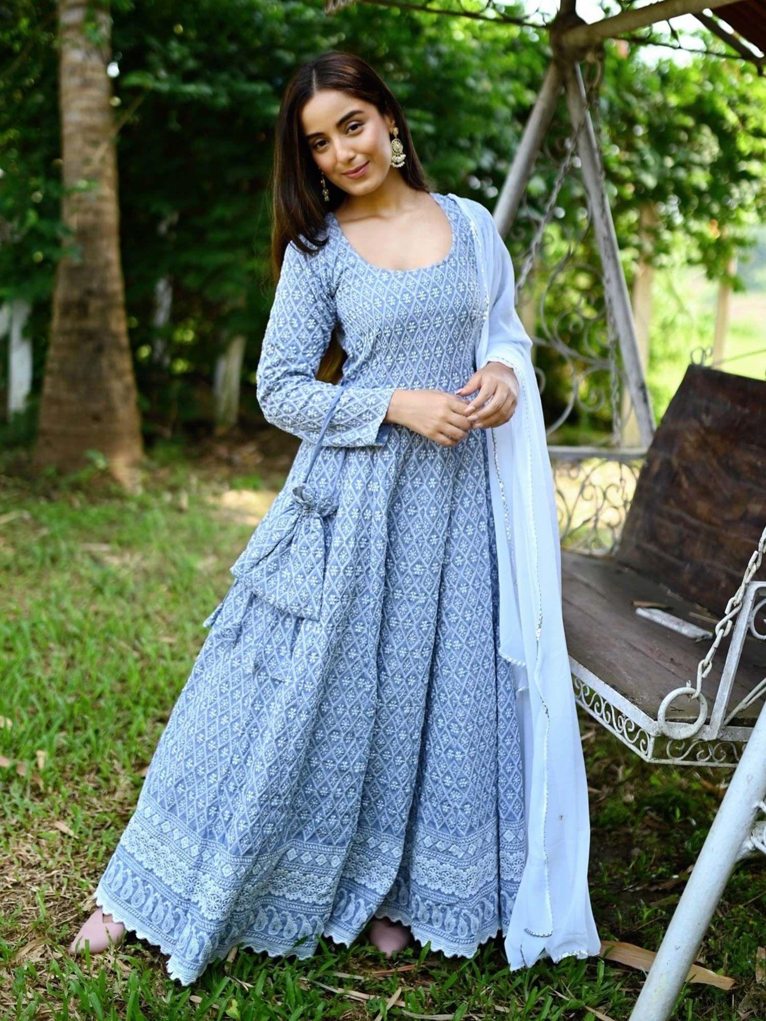 sea blue chikankari anarkali (set of 3) (xs)