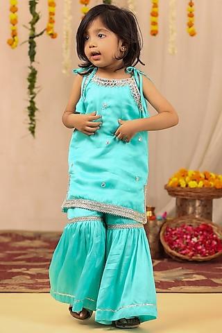 sea blue cotton satin sharara set for girls