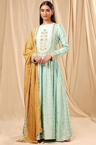 sea blue embroidered anarkali set