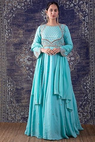 sea blue embroidered anarkali with dupatta