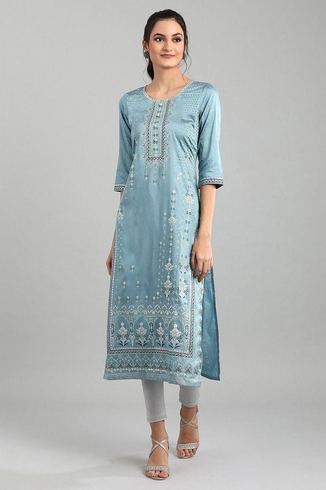 sea blue ethnic straight kurta in round neck