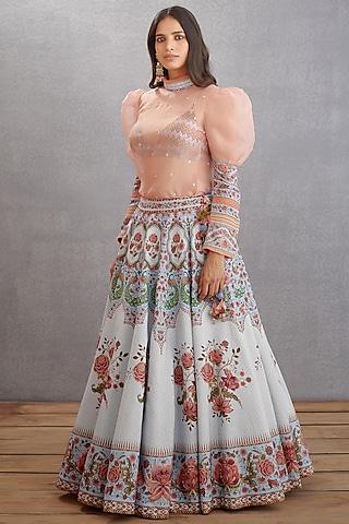 sea blue hand embroidered & printed lehenga set