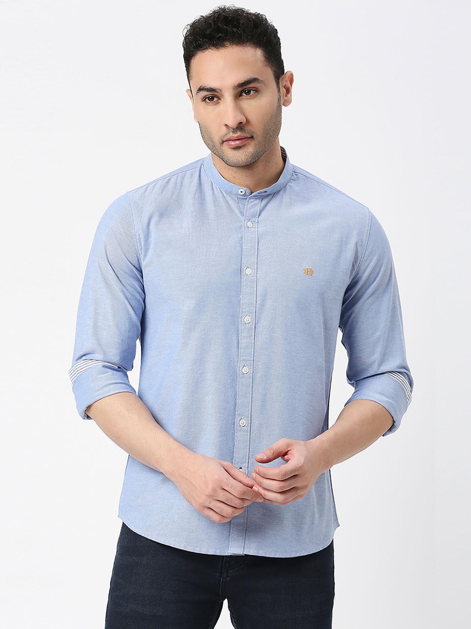 sea blue oxford plain shirt with mandarin collar