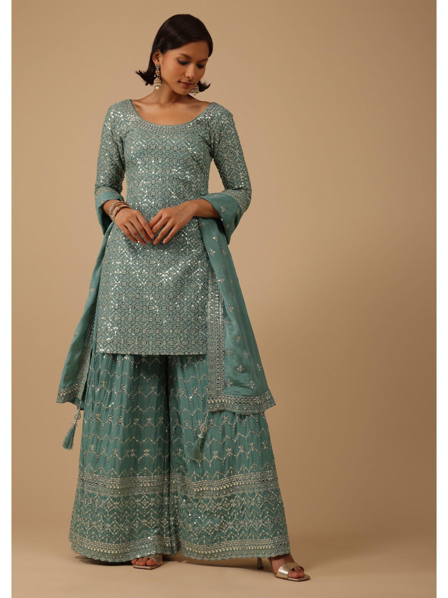 sea blue palazzo kurta in chinon with mirror & sequence work & sharara (set of 3)