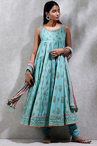 sea blue printed kurta set