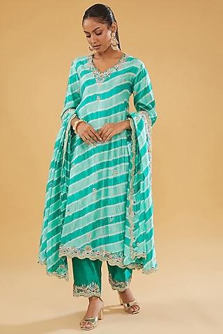 sea blue pure kora silk resham embroidered leheriya kurta set