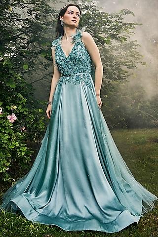 sea blue satin & net floral embellished flared gown