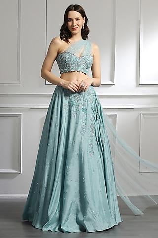 sea blue silk & net beads & sequins embroidered lehenga set