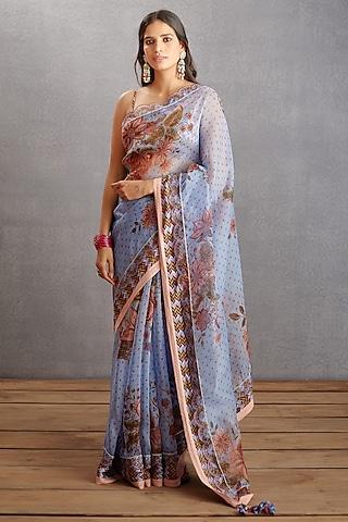 sea blue silk organza digital printed saree set