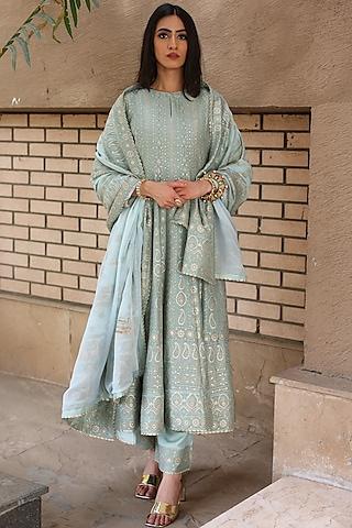 sea foam green woven striped anarkali set