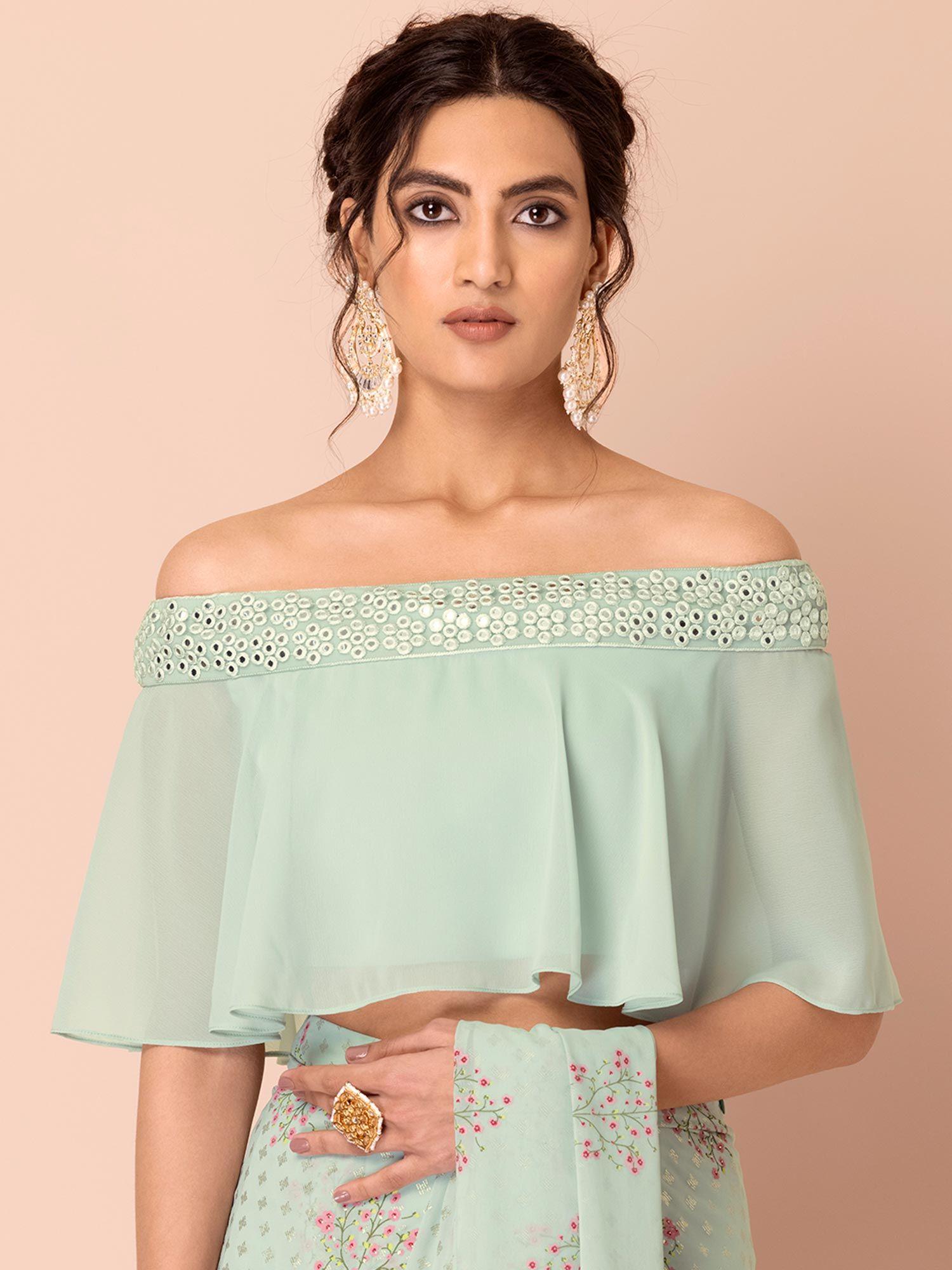 sea foam mirror ruffled off shoulder blouse