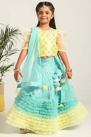 sea-green & yellow embroidered lehenga set for girls