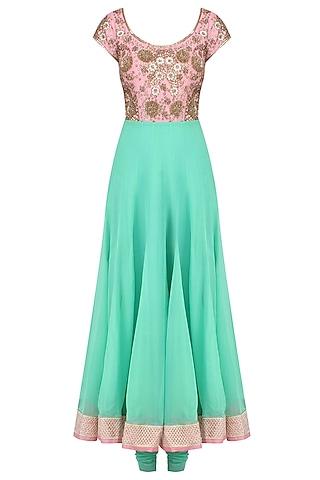 sea green and pink embroidered anarkali set