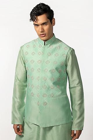 sea green bam silk hand embroidered nehru jacket