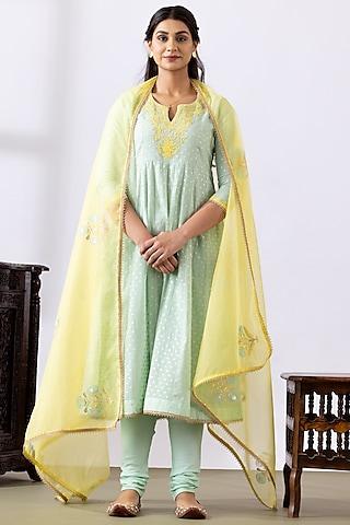 sea green banarasi chanderi embroidered anarkali set