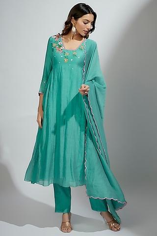 sea green banarasi chanderi resham & pearl hand embroidered kurta set