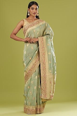 sea green banarasi zardosi embroidered saree