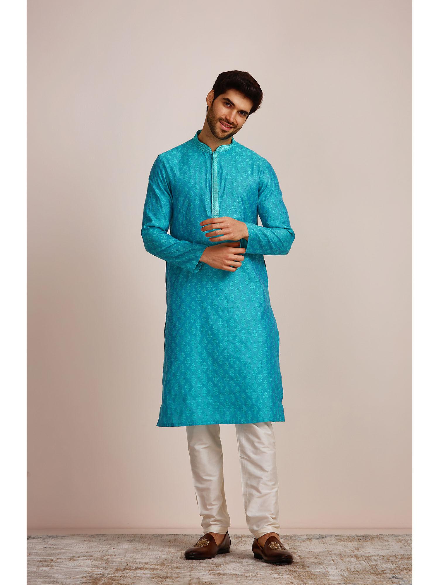 sea green blended viscose self design kurta pencil pyjama set (set of 2)