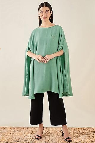 sea green cashmere motif embellished long poncho top