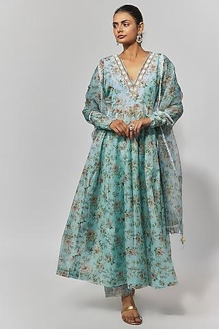 sea green chanderi floral printed anarkali set