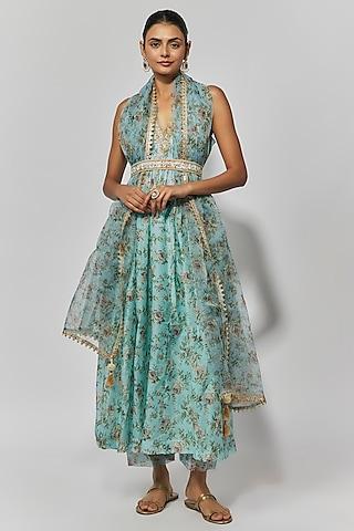 sea green chanderi floral printed anarkali set