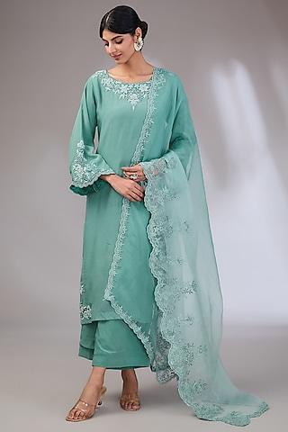 sea green chanderi machine embroidered kurta set