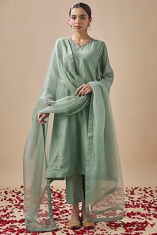 sea green chanderi silk pitta & sequins work kurta set