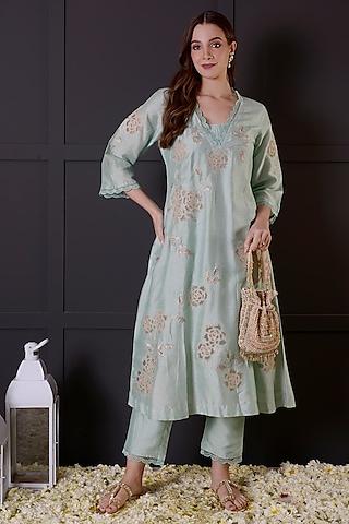 sea green chanderi zari embroidered kurta set