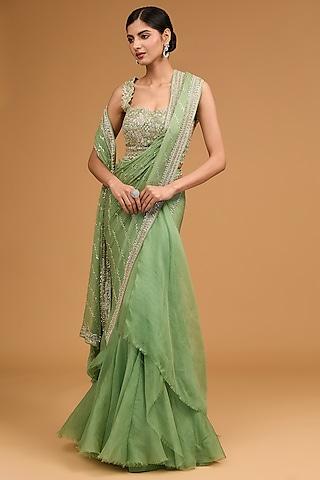 sea green chiffon sequins embroidered ruffled saree set