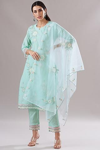 sea green cotton embroidered kurta set