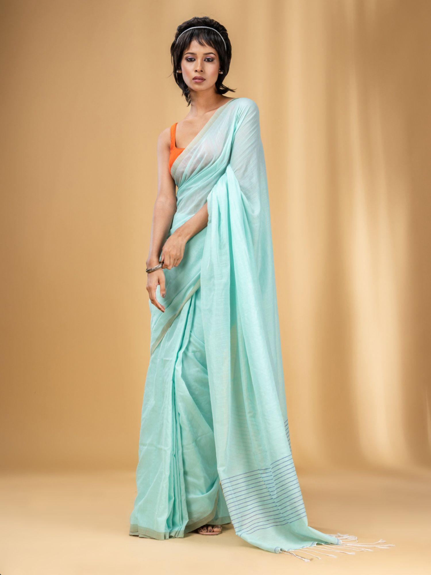 sea green cotton handwoven saree with stripes pallu with unstitched blouse