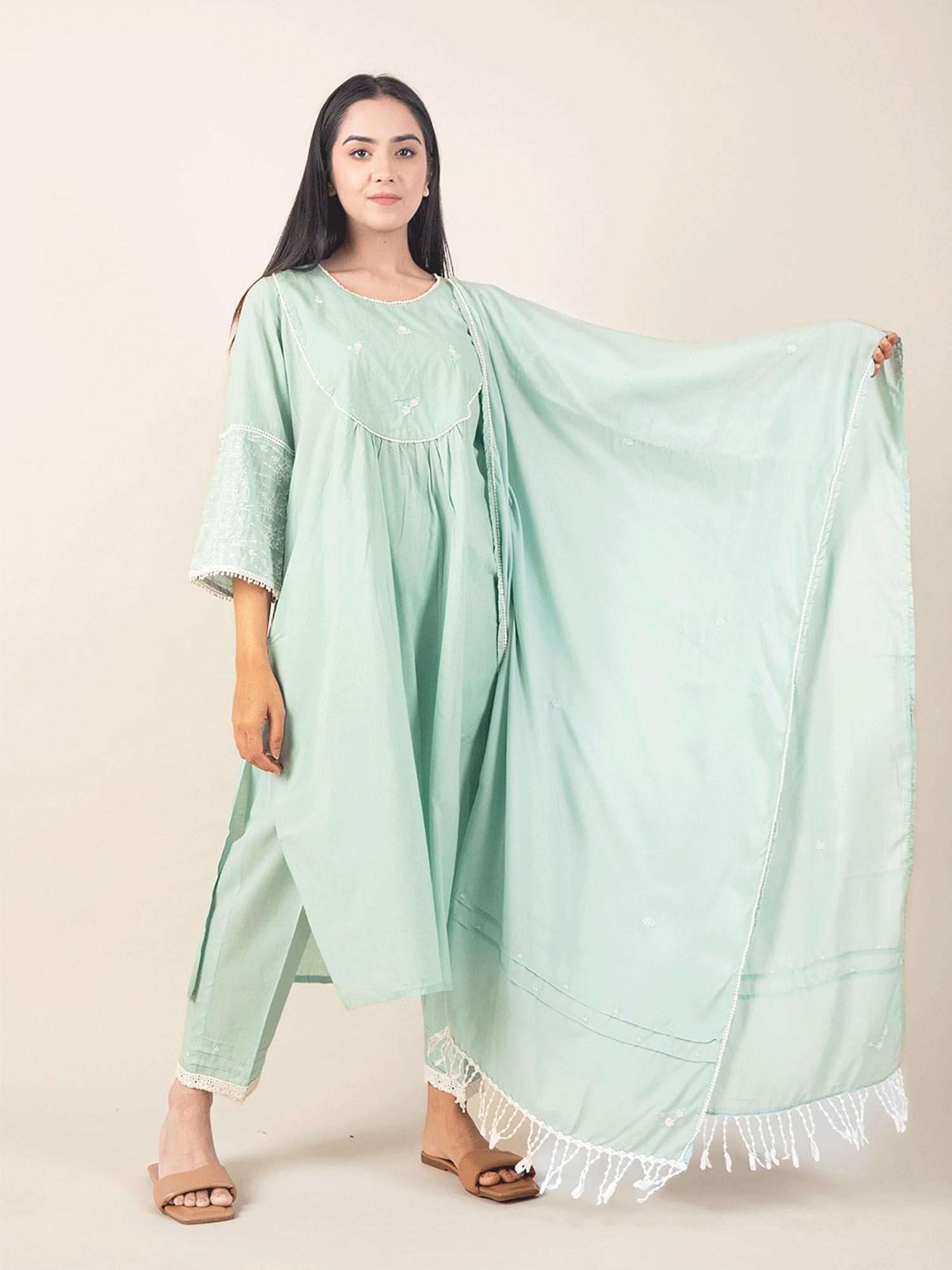 sea green cotton kurta with matching pant & dupatta (set of 3)