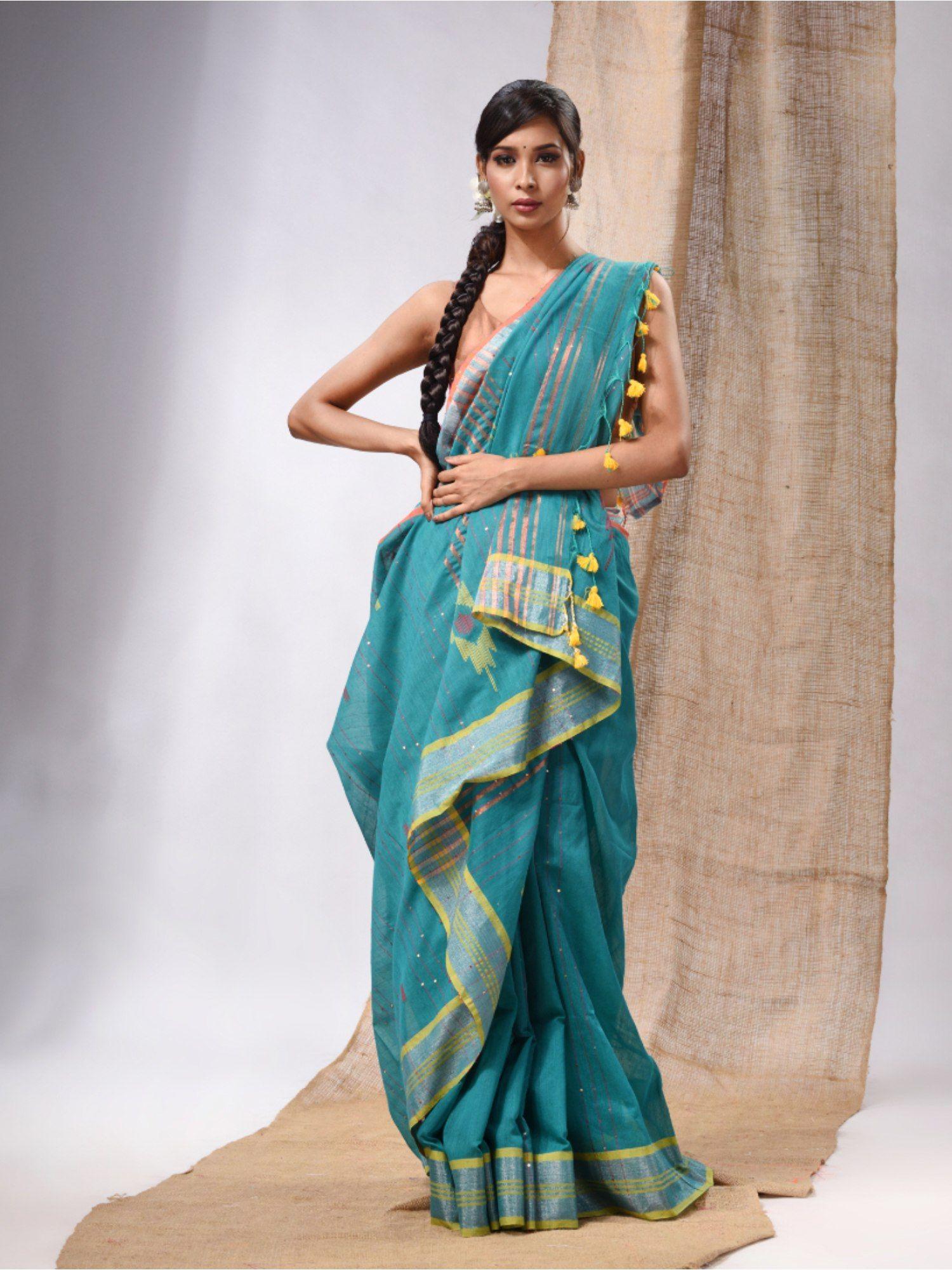 sea green cotton silk handwoven soft saree with sequins work & unstitched blouse